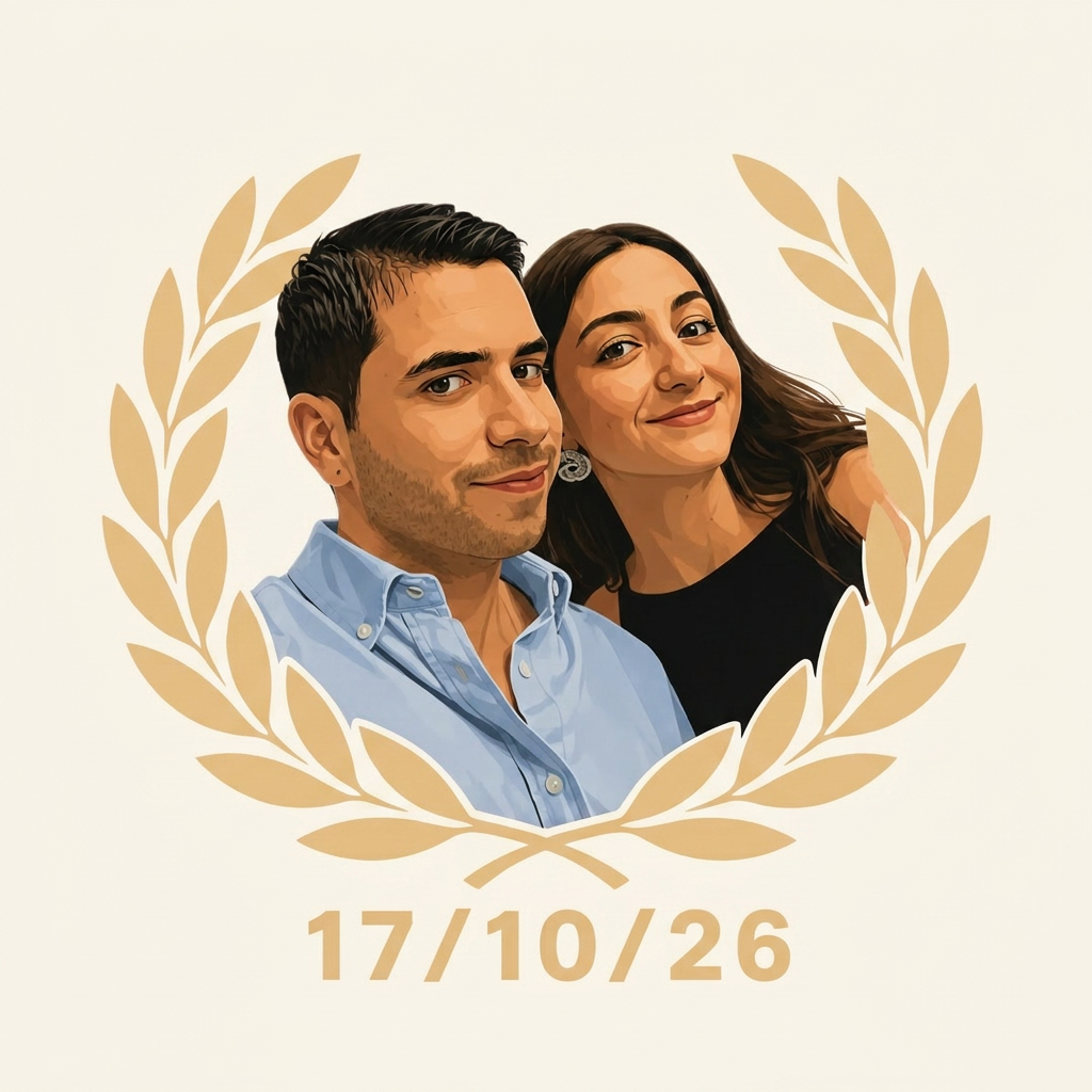 Retrato de Andrea y Pepe sobre fondo granate con corona de laurel
